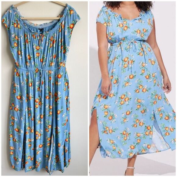 Torrid Textured Woven Double Slit Maxi Dress Blue Orange Print 2X 18-20 - Picture 1 of 15